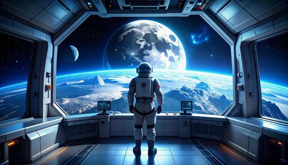 月を見る宇宙飛行士 月を見る宇宙飛行士の写真