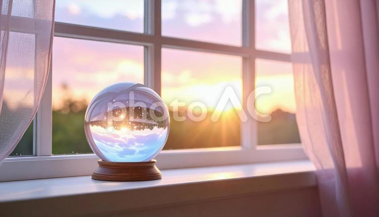 水晶玉／窓辺に映る夢幻の空 水晶玉,窓辺,夕焼けの写真素材