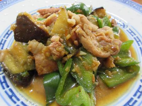 Eggplant, green peppers and pork stir-fried with miso, JPG