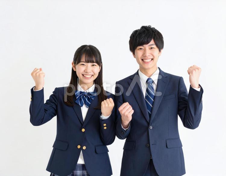 ガッツポーズでエールを送る男女高校生 高校生,男女,生徒の写真素材