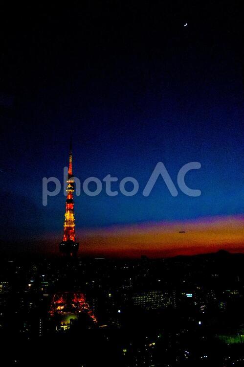 ライトアップした東京タワーと月 東京タワー,タワー,ビル群の写真素材