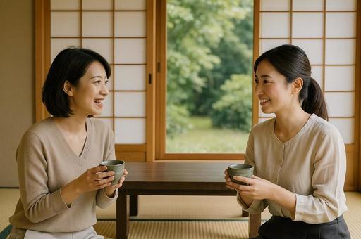 和室でお茶を飲みながら語る友人 和室でお茶を飲みながら語る友人の写真