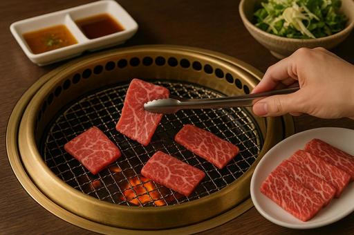 焼肉をトングで焼く手元 焼肉をトングで焼く手元の写真