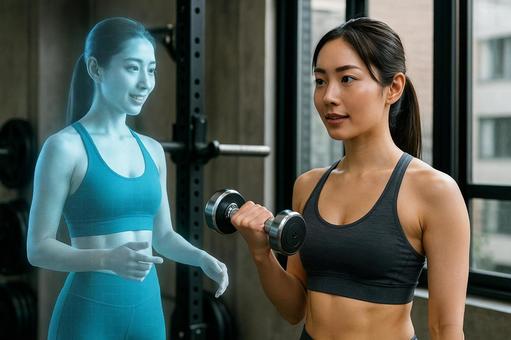 AIトレーナーの指導で筋トレする女性の写真