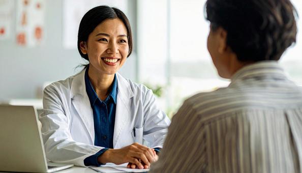 相談を受ける笑顔の医療相談スタッフの写真