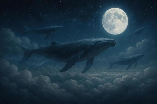 満月の夜に雲海を泳ぐ鯨たちの写真