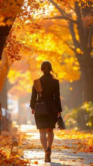紅葉の中のスーツ姿の女性社員の後ろ姿 紅葉の中のスーツ姿の女性社員の後ろ姿の写真