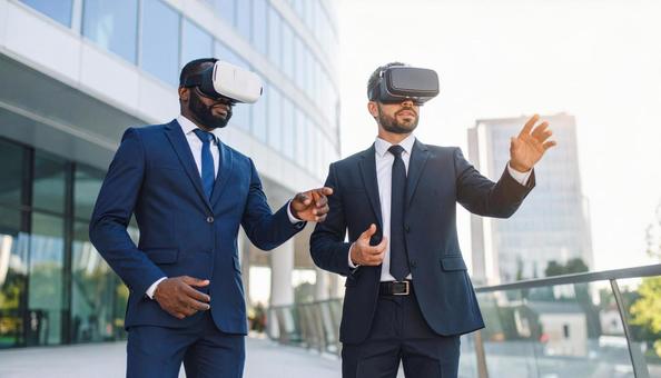 VRゴーグルをかけるビジネスマン VRゴーグルをかけるビジネスマンの写真