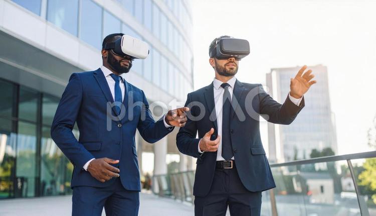 VRゴーグルをかけるビジネスマン 男,未来人,ビジネスマンの写真素材