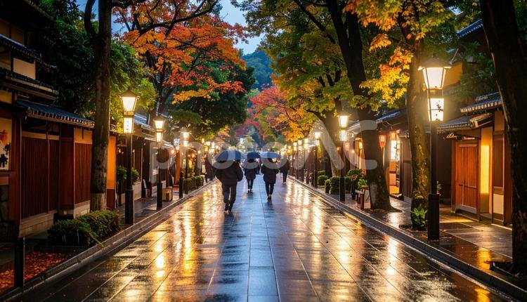ほぼ見えない小雨の中の歴史のあるある通り 雨,通り,町屋の写真素材