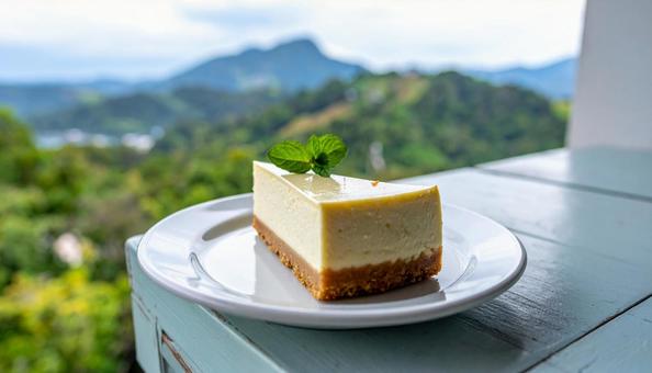 木製テーブルの上のレアチーズケーキ 木製テーブルの上のレアチーズケーキの写真