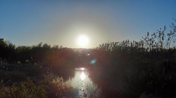 夕日と川の写真