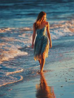 風に揺れる髪とドレス夕焼けの海を歩く女性 風に揺れる髪とドレス夕焼けの海を歩く女性の写真