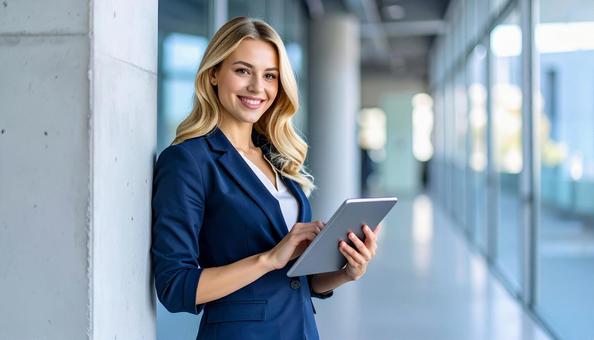 壁際に立ちタブレットを操作する外国人女性 壁際に立ちタブレットを操作する外国人女性の写真