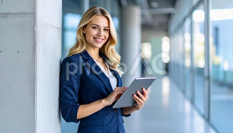 壁際に立ちタブレットを操作する外国人女性 ビジネスウーマン,キャリアウーマン,外国人の写真素材
