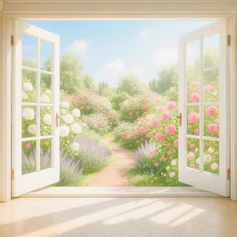 バラ咲き乱れる庭園に開いた窓の写真