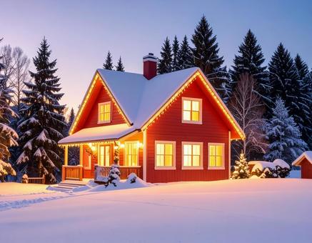 雪景色の中に建つクリスマスの家 雪景色の中に建つクリスマスの家の写真
