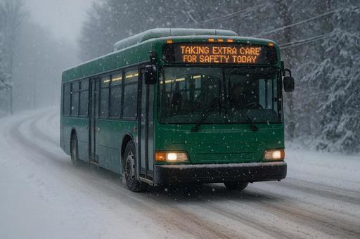 雪道を走る安全運行バスの写真