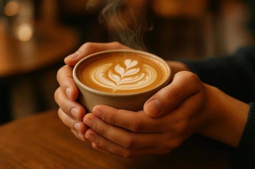 温かいカフェラテを両手で包むシーン 温かいカフェラテを両手で包むシーンの写真