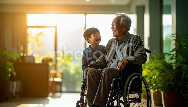介護施設のシニア男性と見舞いに来た家族 車いす,見舞い,シニア男性の写真素材