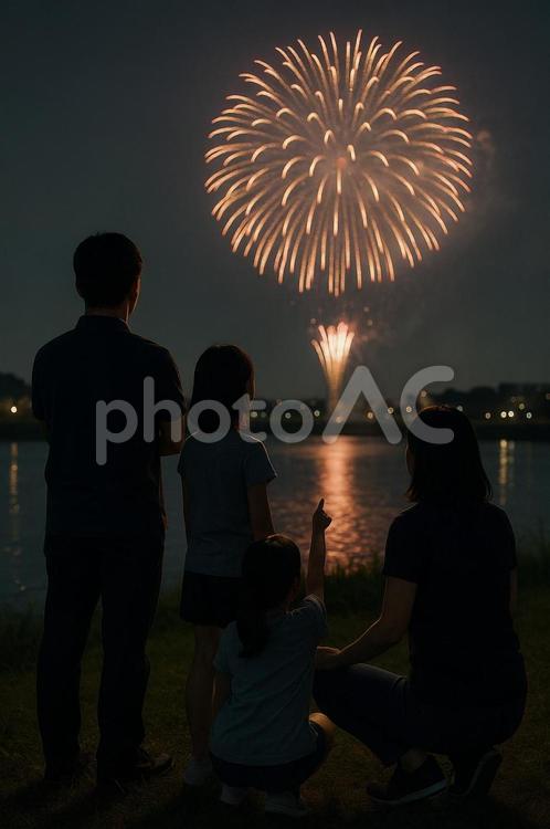 対岸から上る大玉の花火を鑑賞している家族 花火,fireworks,花火大会の写真素材