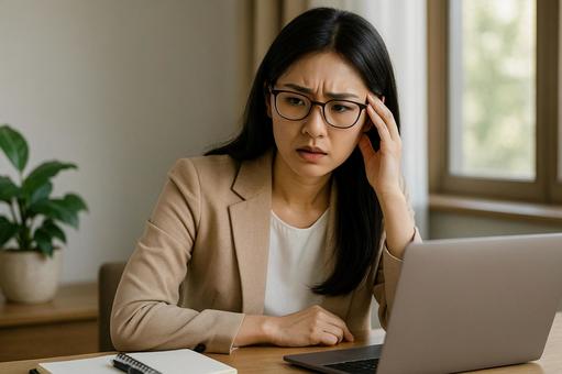 困惑する女性社員 困惑する女性社員の写真