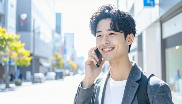 笑顔で電話する若者 笑顔で電話する若者の写真