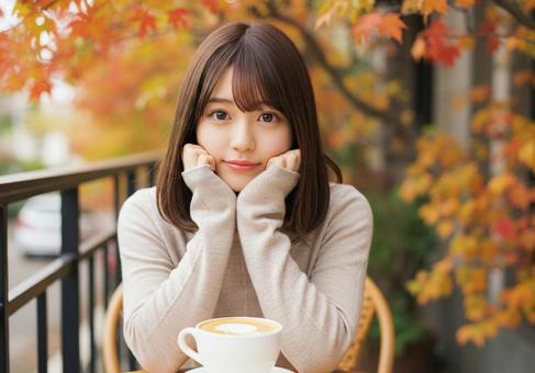 紅葉のテラス席での写真