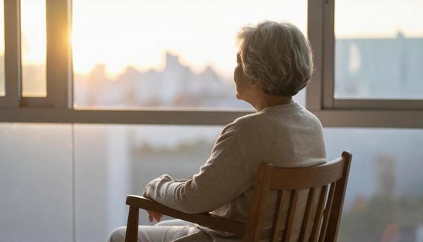 椅子に座って窓の外を見る高齢女性 椅子に座って窓の外を見る高齢女性の写真