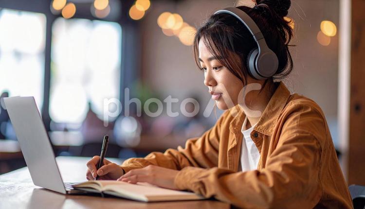 お気に入りの音楽を聴きながら勉強する女性 勉強,ノートパソコン,女性の写真素材