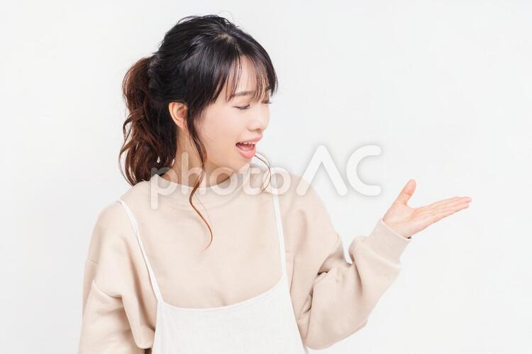 案内のジェスチャーをする若い女性 女性,案内,ジェスチャーの写真素材