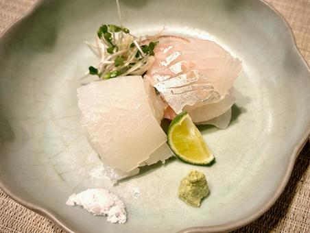 Assorted sashimi of squid and sea bream served with salt, JPG