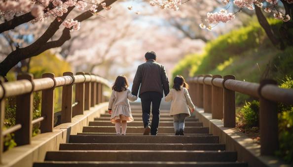 階段を登る日本人家族の写真