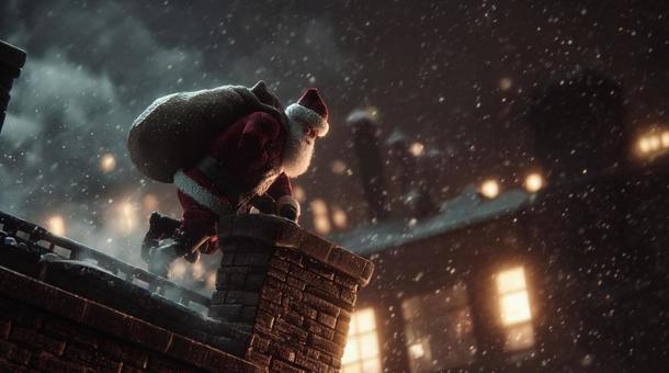 煙突に入る直前のサンタ・クリスマス・雪の写真