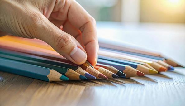 沢山の色鉛筆の中から一本を選んでつまむ手の写真
