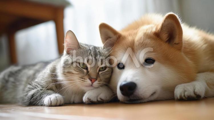 仲良しな柴犬と虎猫 犬,猫,柴犬の写真素材