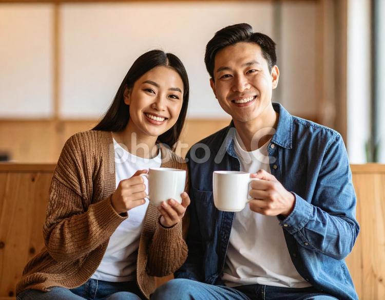 カフェでくつろぐ仲良しカップルの笑顔 カップル,コーヒー,笑顔の写真素材