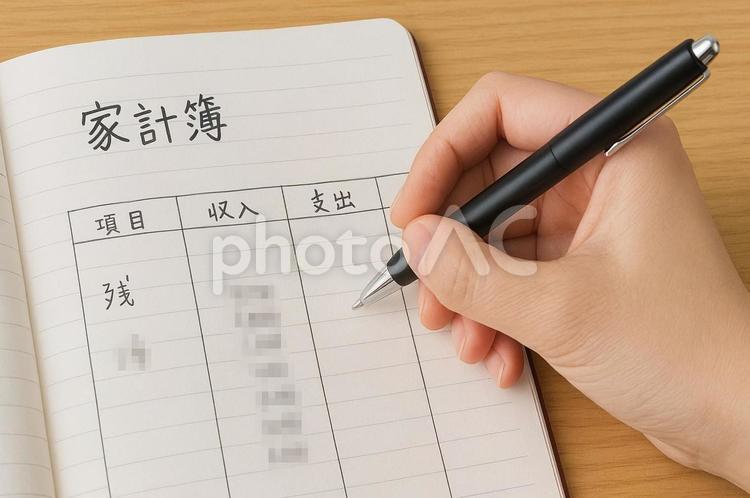 手書きで家計簿を記録中・節約・お金の管理 家計簿,節約,手書きの写真素材