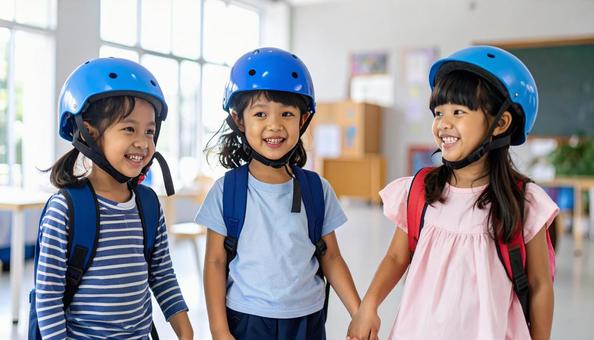 ヘルメットを被り避難訓練をする子供 ヘルメットを被り避難訓練をする子供の写真