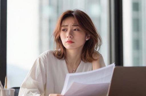 資料を見て悩むビジネス女性 資料を見て悩むビジネス女性の写真