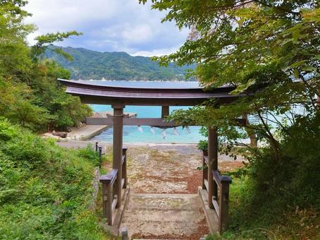 エメラルドブルーの海と神社の鳥居 エメラルドブルーの海と神社の鳥居 海,鳥居,神社の写真素材