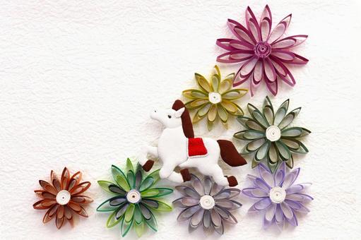 シックな紙の花と白馬の年賀状背景 年賀状,午年,白馬の写真素材