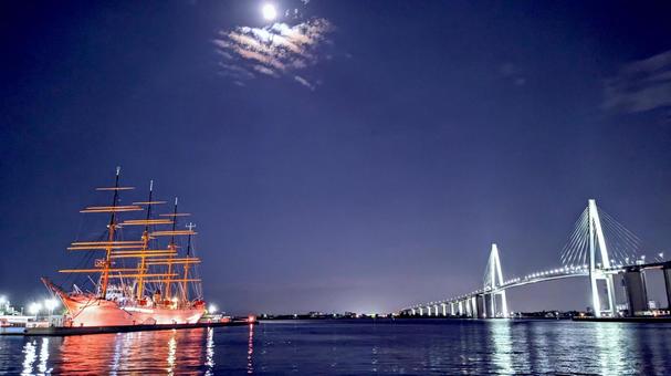 月夜の海王丸と新湊大橋 月夜の海王丸と新湊大橋 海王丸,新湊大橋,射水市の写真素材