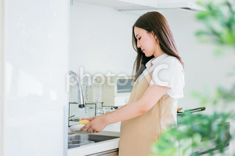 皿洗いをする妊婦 妊婦,家事,妊娠の写真素材