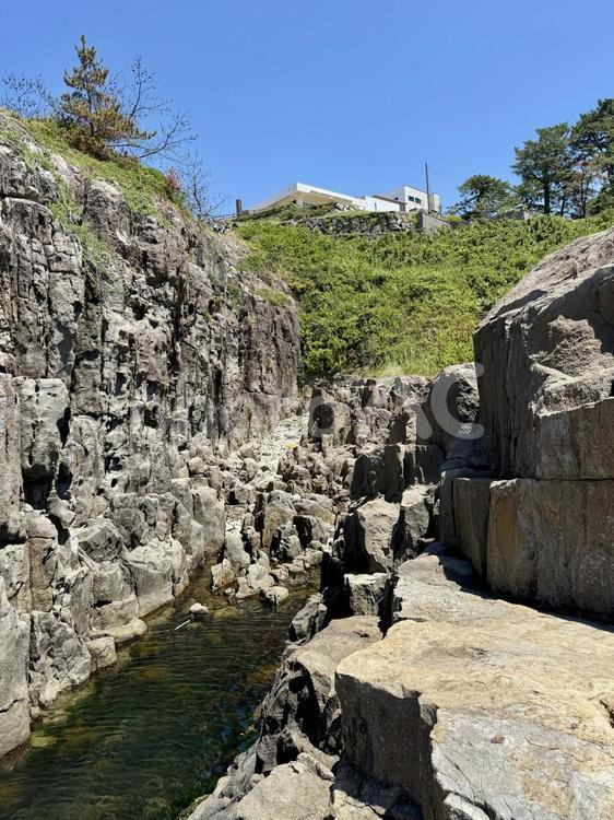 昼間の福井県の東尋坊 柱状節理,磯辺,水面の写真素材