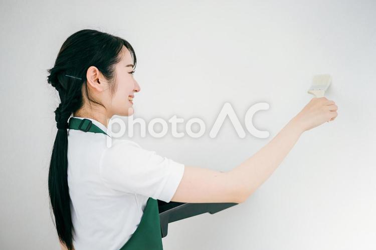 壁の塗装をするエプロン姿の日本人女性 塗装,壁,ペンキの写真素材