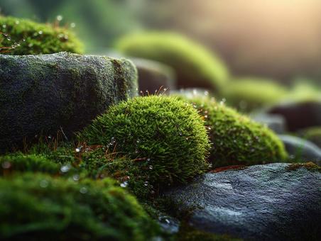 露をまとった鮮やかな苔の風景 露をまとった鮮やかな苔の風景の写真