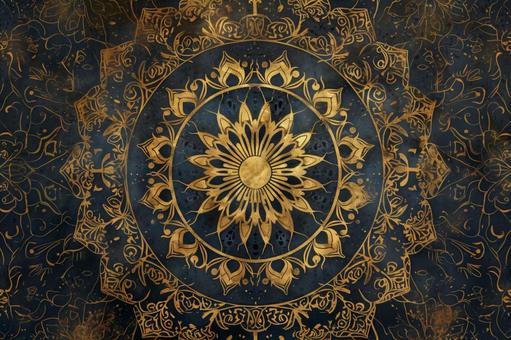 金色の曼荼羅模様と深い紺の装飾背景の写真