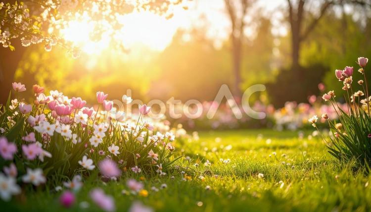 幻想的な庭の風景 景色,やわらかい光,たくさんの花々の写真素材