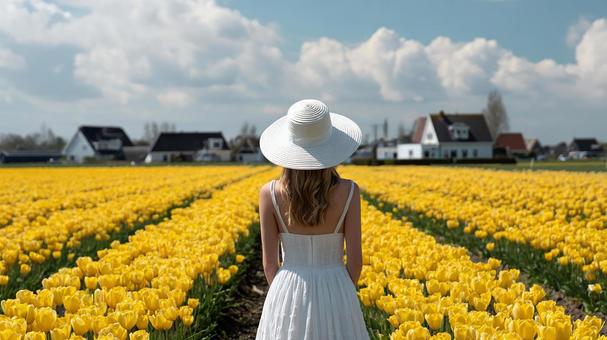 美しい花畑に佇む女性の穏やかな風景 美しい花畑に佇む女性の穏やかな風景の写真